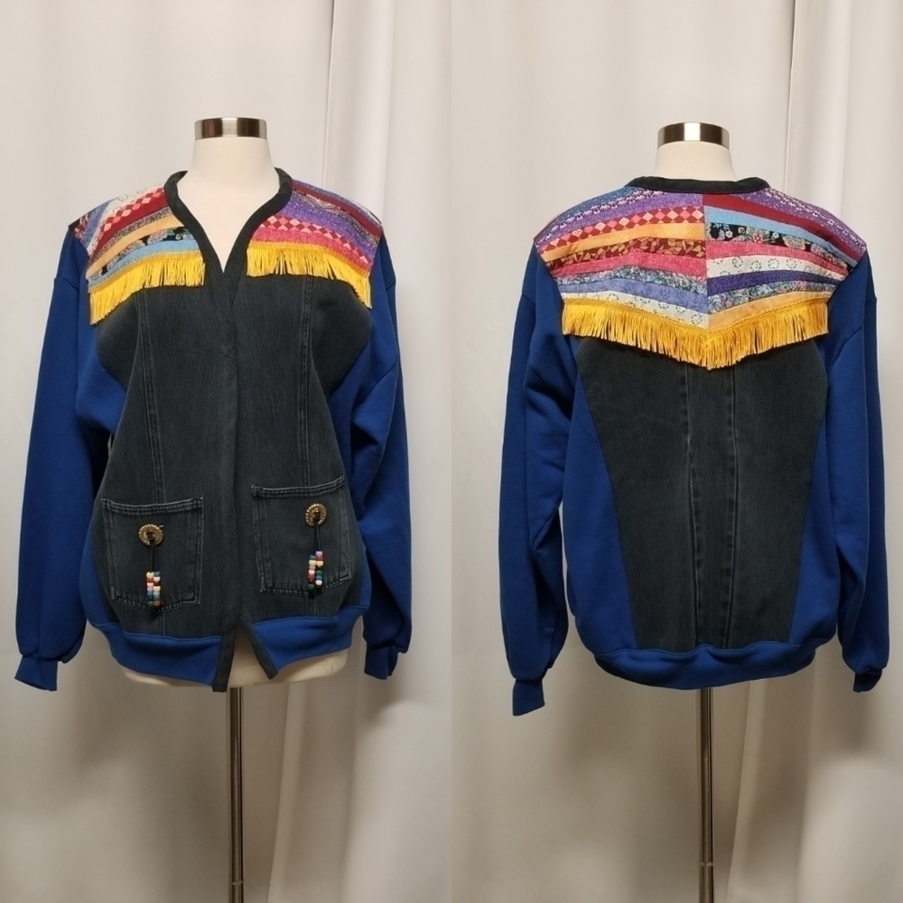 Vintage 90s y2k Upcycled Boho‎ Native Southwestern Fringe Sweatshirt Jean Jacket
